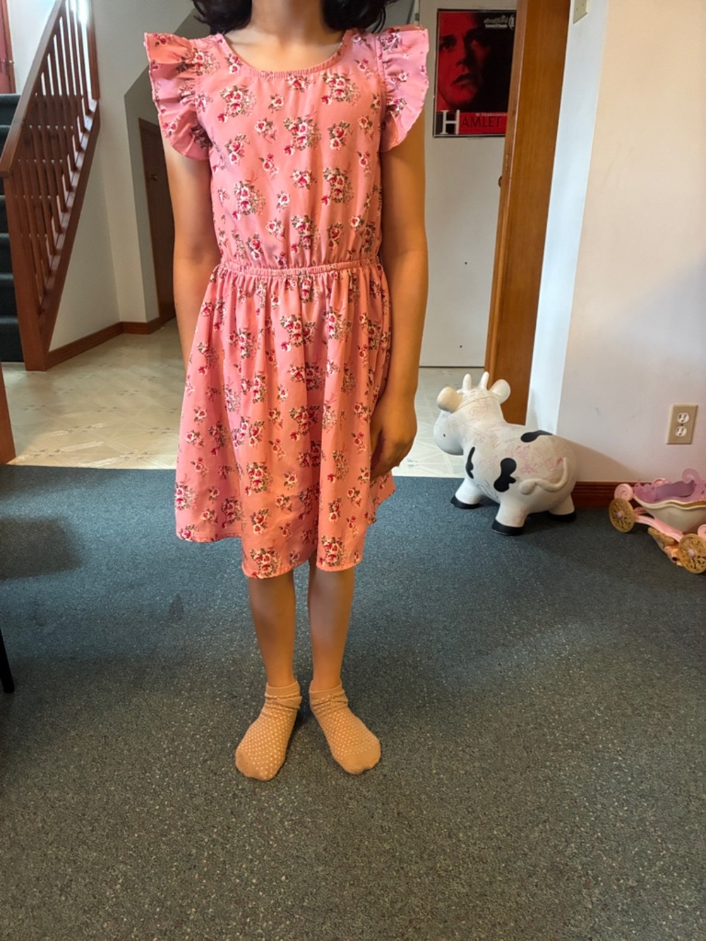 Little Girl's Pink Floral Ruffle-Sleeve Casual Dress